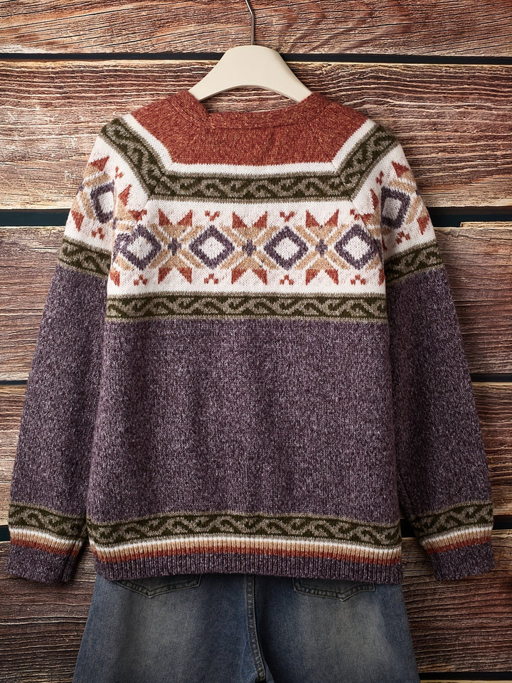 Purple color-block cardigan worn with denim shorts and white top