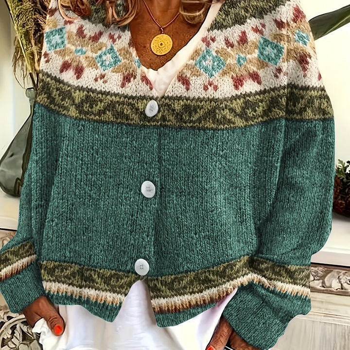 Green color-block cardigan with Fair Isle knit yoke and button front