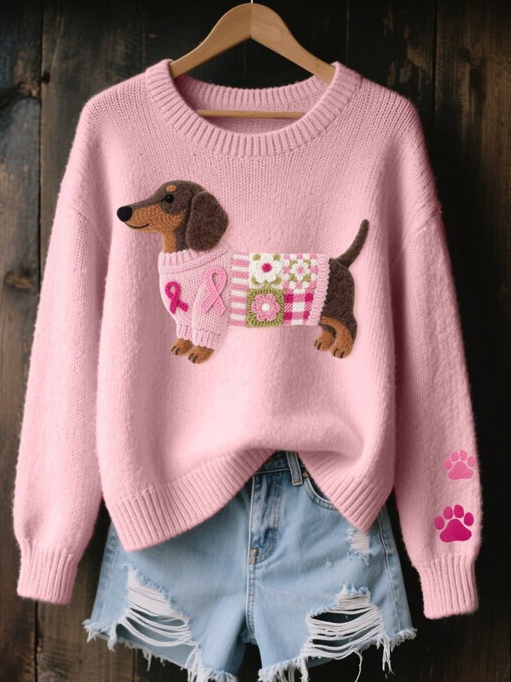 Light pink knit sweater with dachshund patchwork design and paw print sleeve