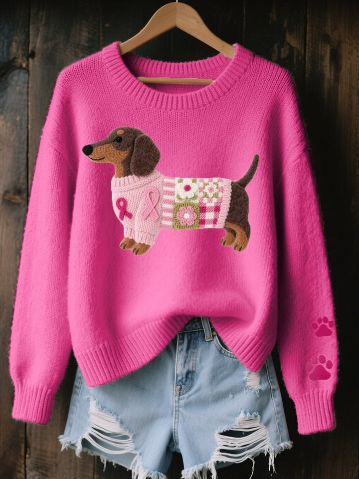 Hot pink relaxed-fit sweater featuring embroidered dachshund and paw prints
