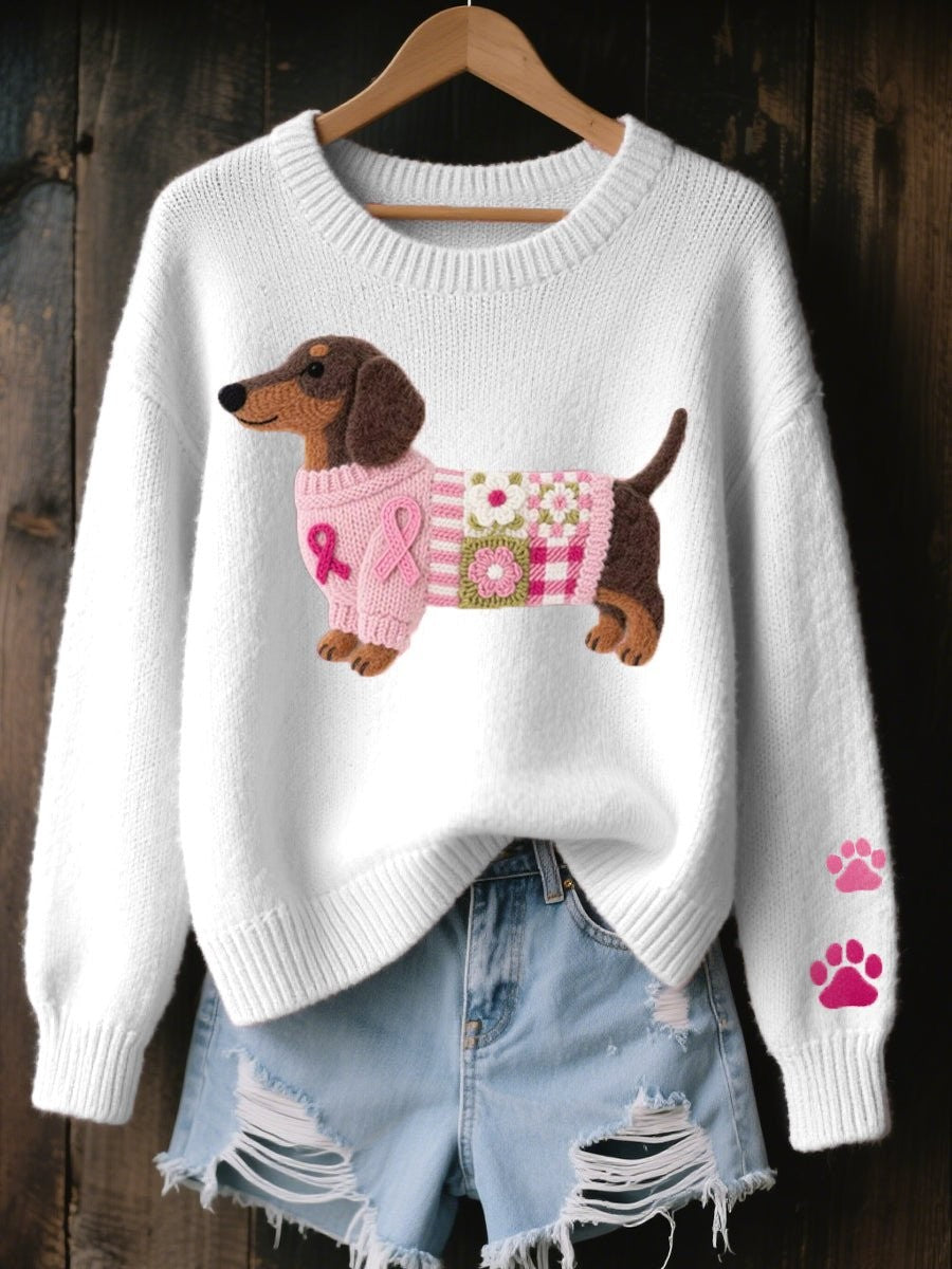 White knit jumper with dachshund patchwork graphic and pink paw prints