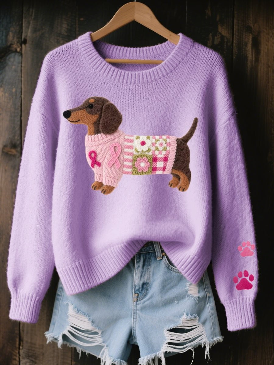 Lavender crew-neck sweater with dachshund appliqué and paw print sleeve detail