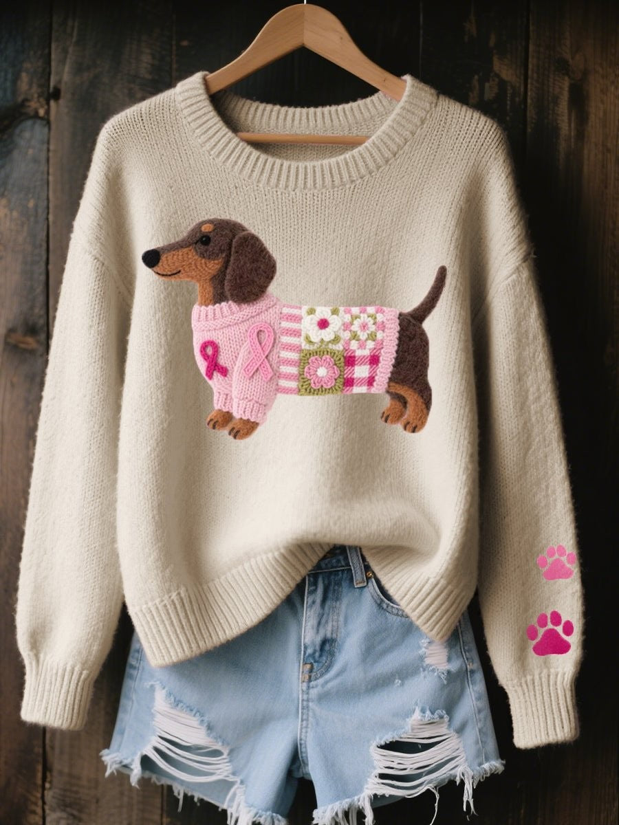 Cream knit sweater featuring dachshund patchwork design and pink paw prints