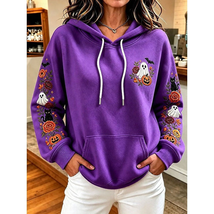 Purple hoodie featuring embroidered ghost, black cat, and pumpkin details