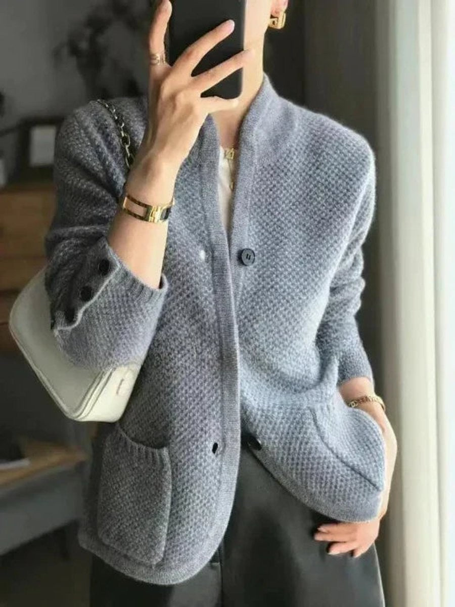 Gray wool button-front cardigan with textured knit and front pockets