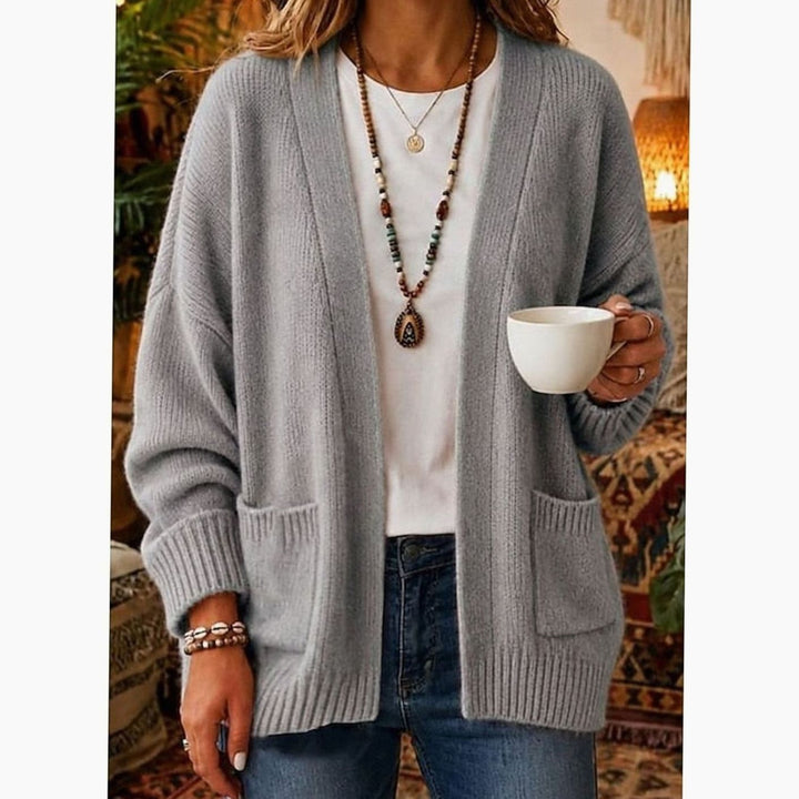 Heather gray relaxed knit cardigan sweater with front pockets and long sleeves