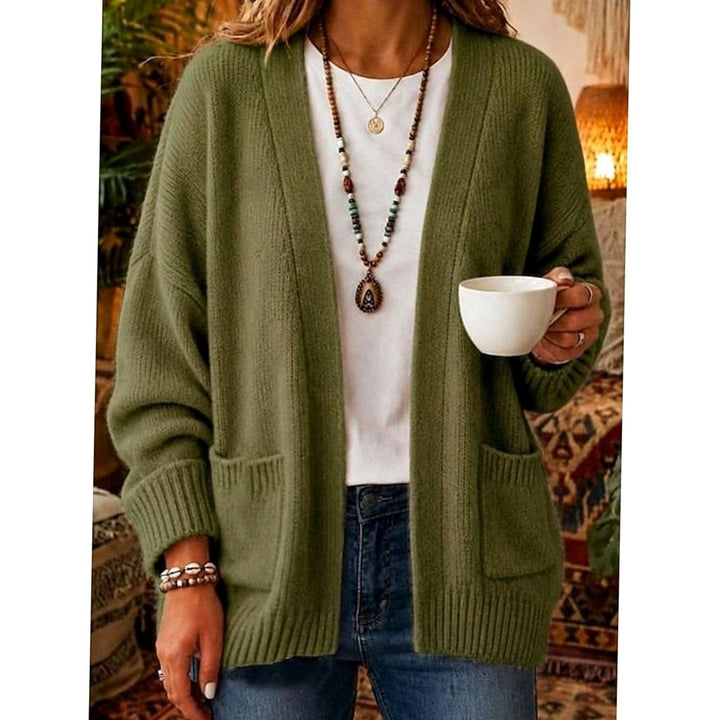 Olive green open-front cardigan sweater featuring ribbed cuffs and patch pockets