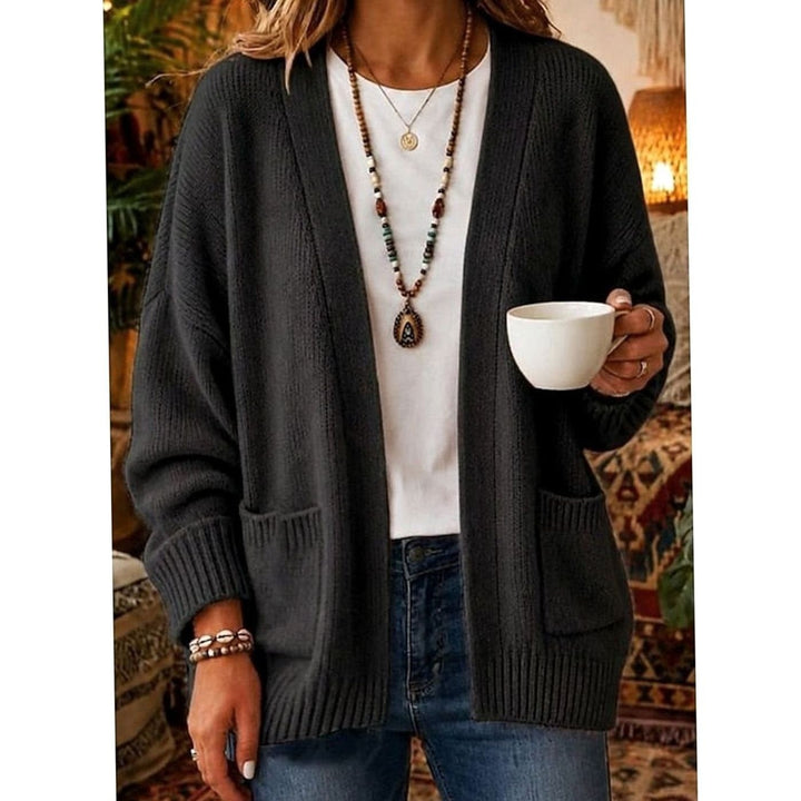 Charcoal gray open-front cardigan sweater with relaxed fit and side pockets