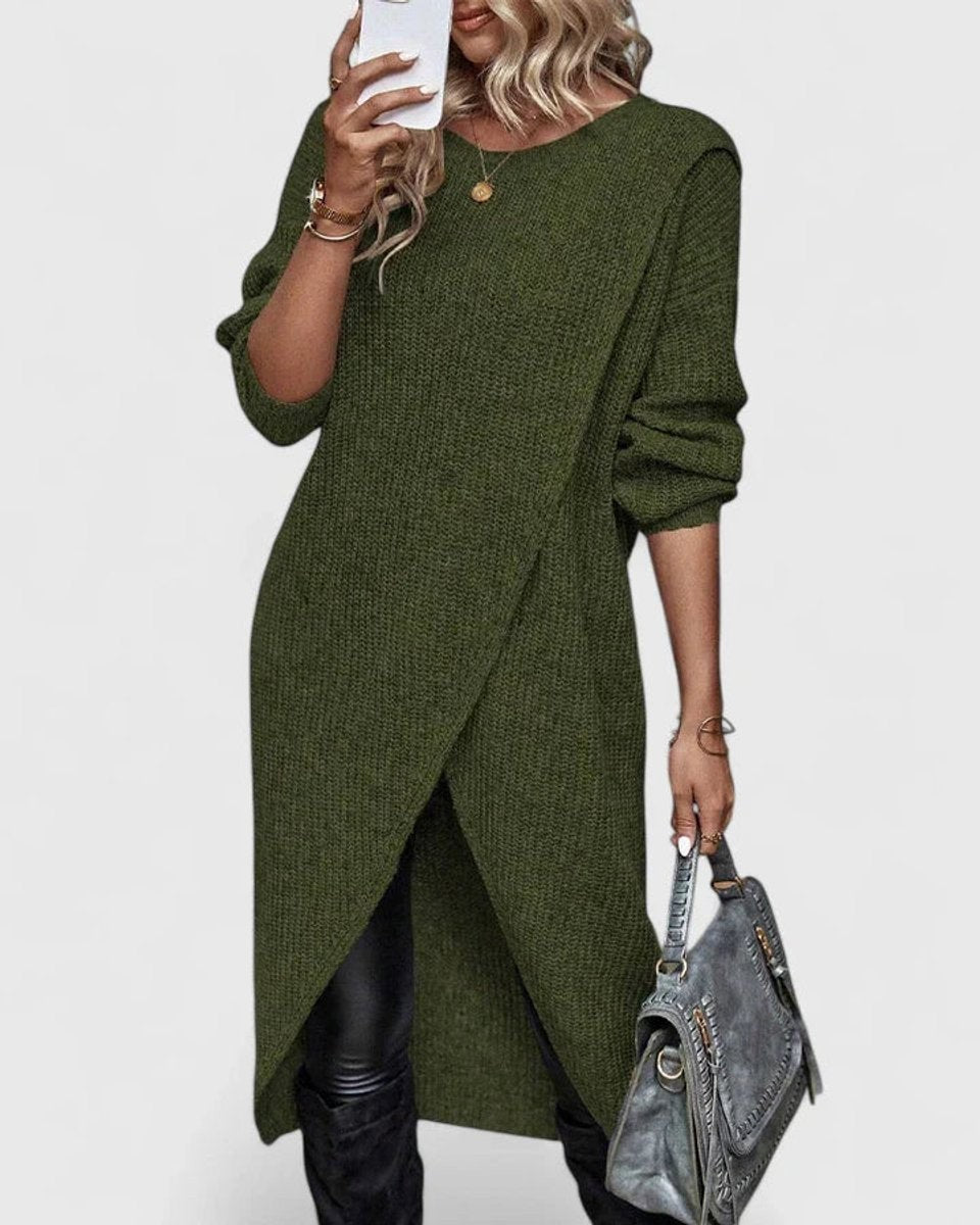 Olive green ribbed knit sweater dress featuring wrap-style tulip hem