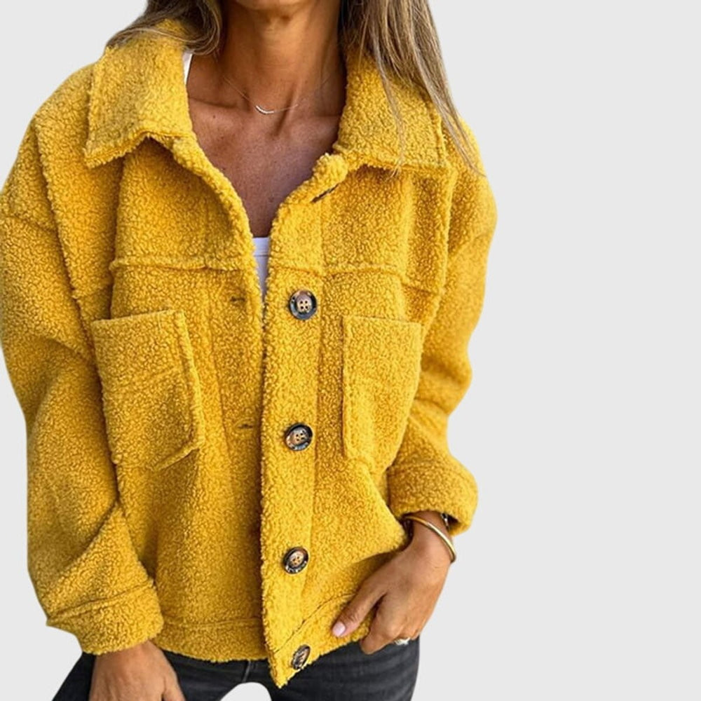 Mustard yellow sherpa fleece jacket featuring collared neckline and buttons