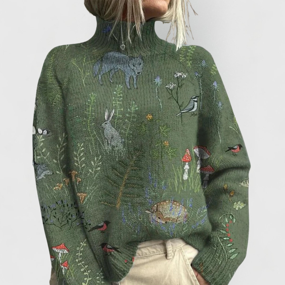 Green woodland print turtleneck sweater featuring forest animals and florals