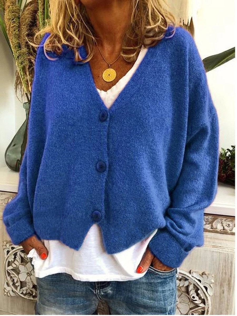 blue button-front V-neck cardigan sweater with relaxed-fit sleeves