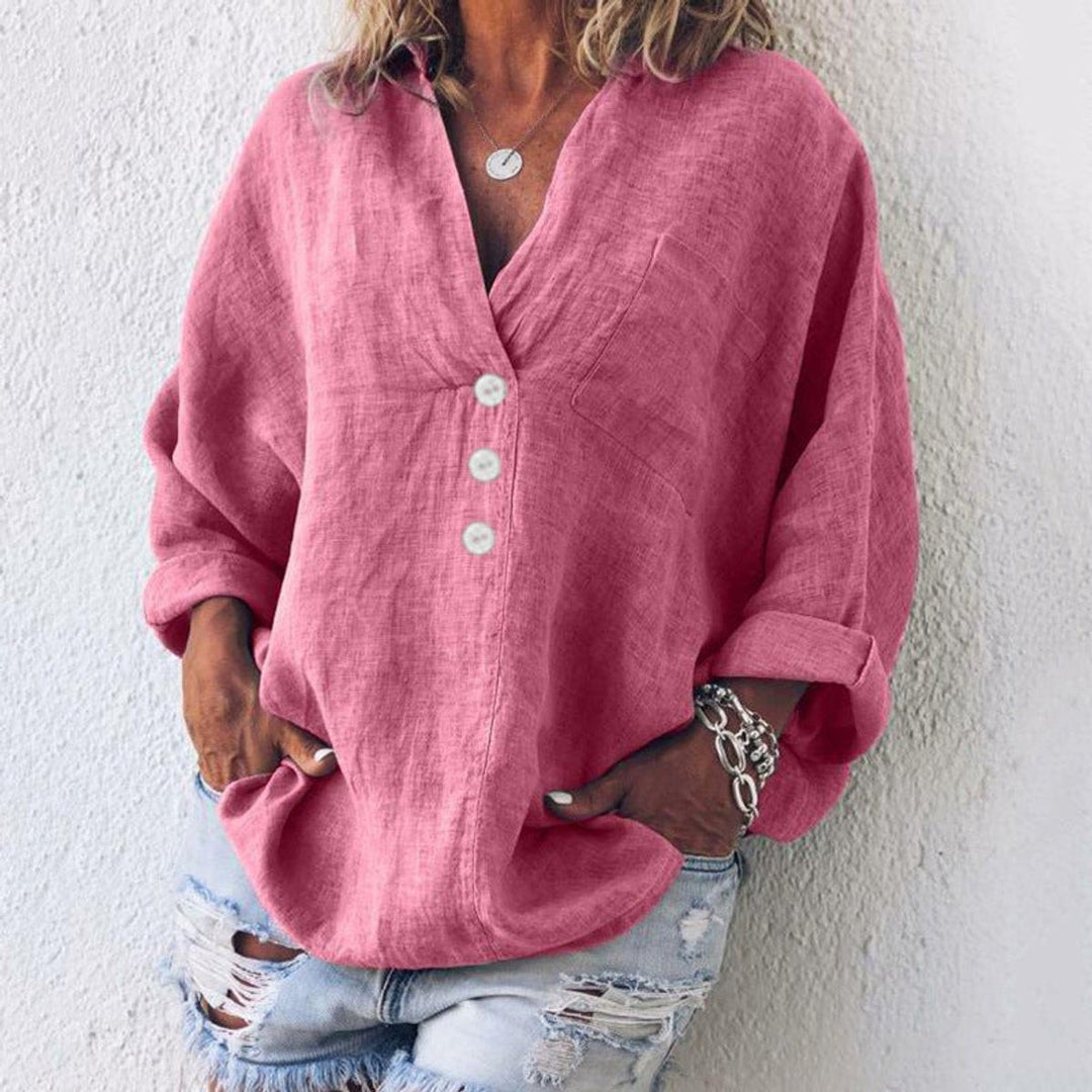 Pink cotton linen button-up shirt with V-neck and long sleeves