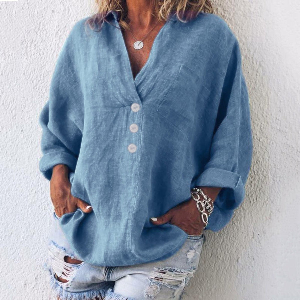 Blue cotton linen relaxed-fit shirt with front pocket and button placket