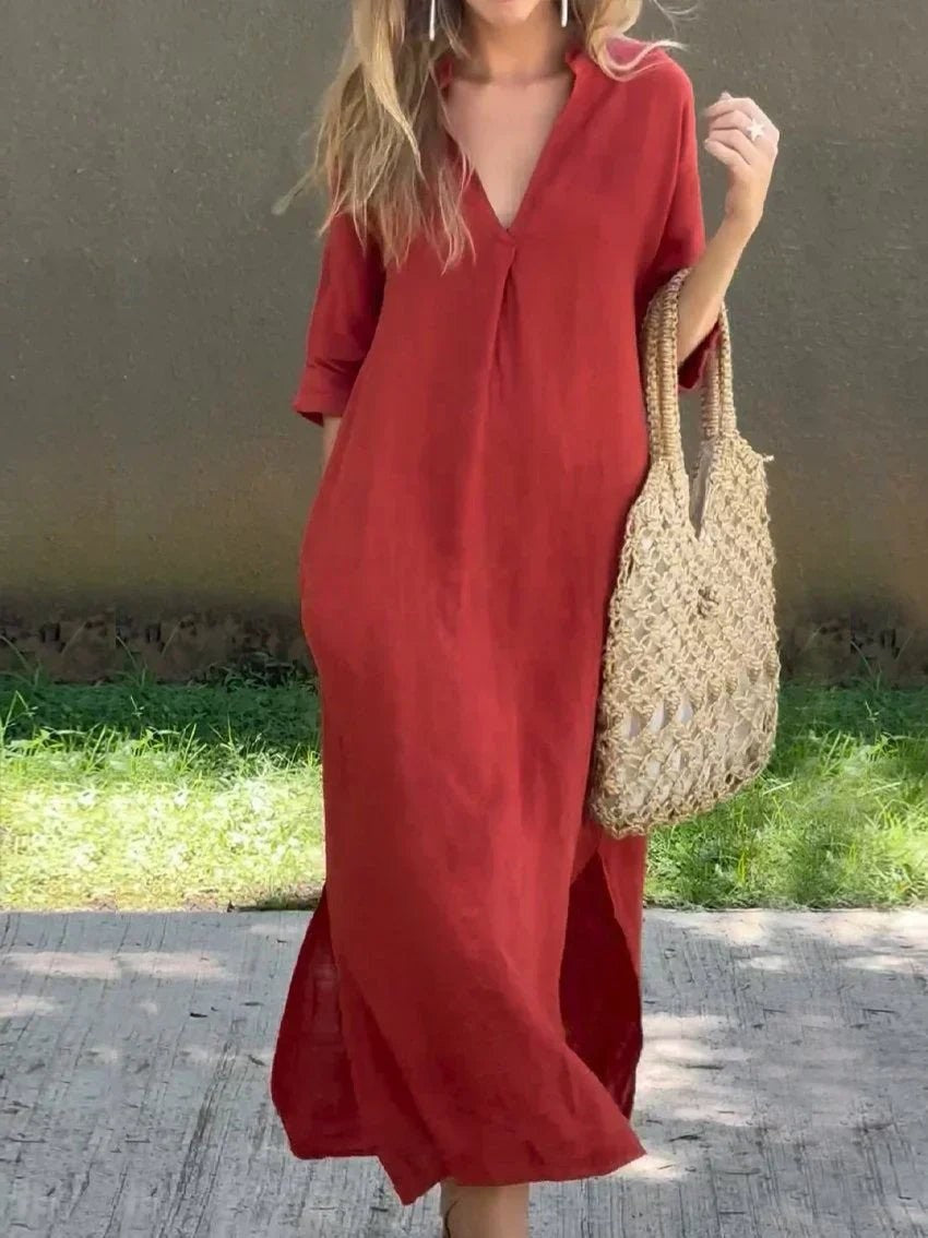 Rust red V-neck cotton linen maxi dress with half sleeves and side slit