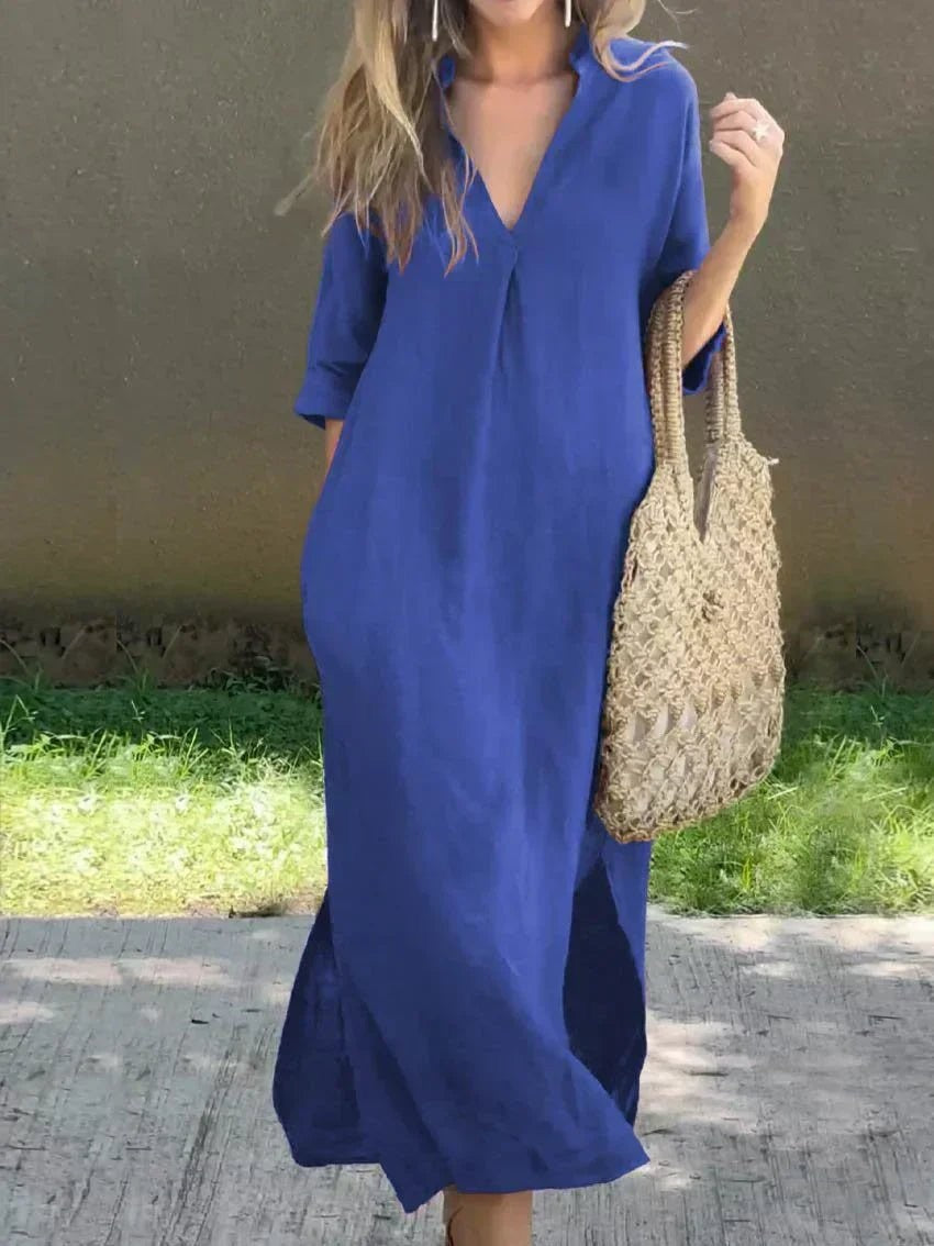 Royal blue V-neck cotton linen maxi dress with half sleeves