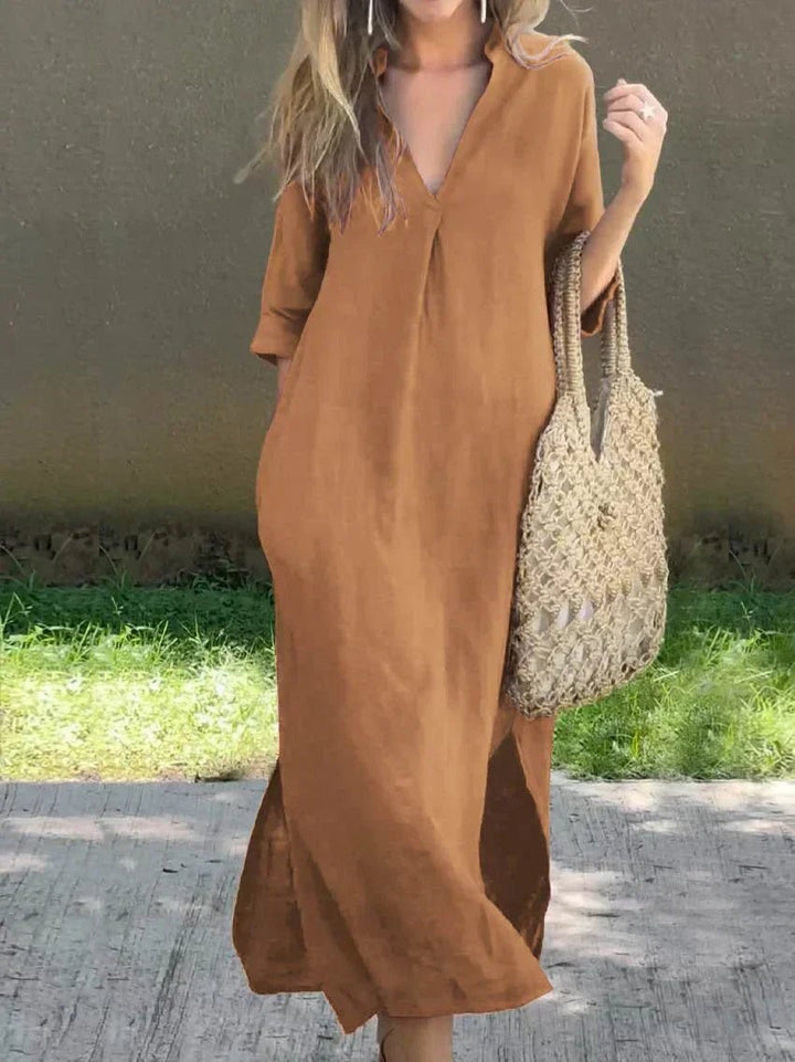 Camel V-neck linen maxi dress with relaxed fit and side slit