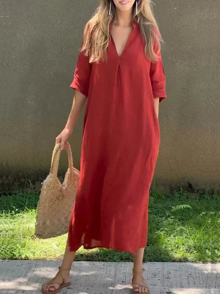Red V-neck linen maxi dress with half sleeves in relaxed silhouette