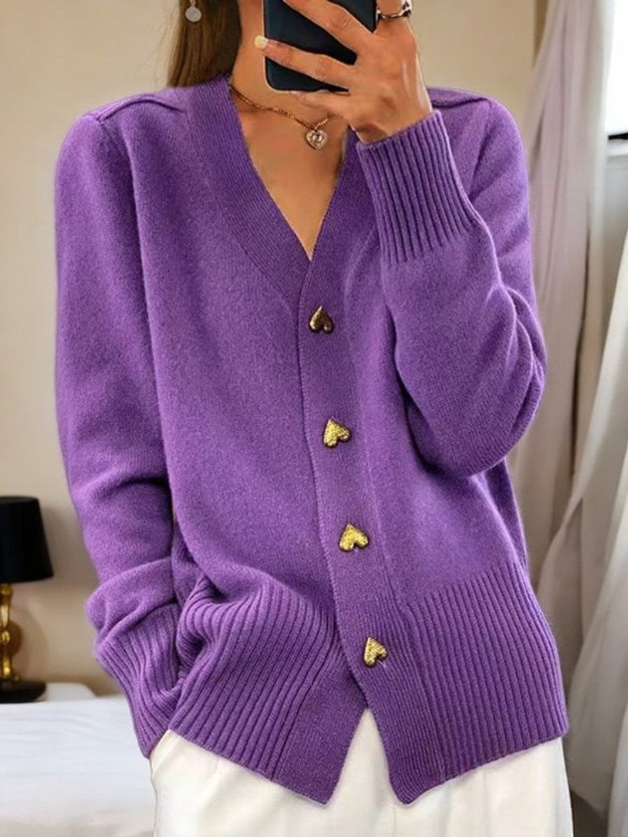 Purple knit cardigan with gold heart buttons and relaxed V-neck fit