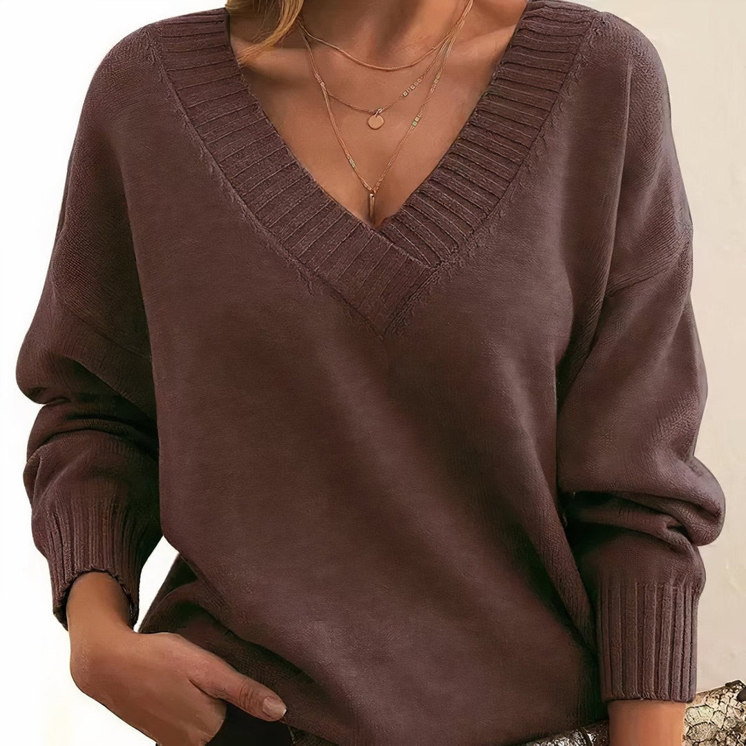 brown V-neck knit sweater with ribbed trim and relaxed long sleeves