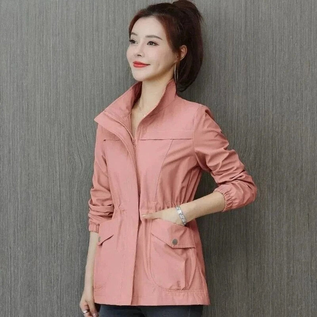 Pink lightweight zip-up jacket with stand collar and front flap pockets