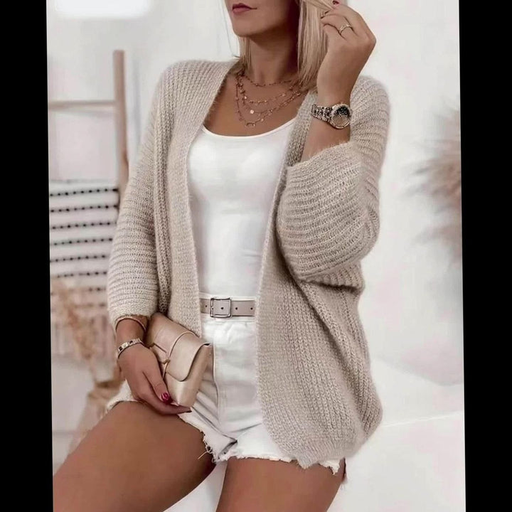 taupe open-front knit cardigan sweater shown in a close-up front view