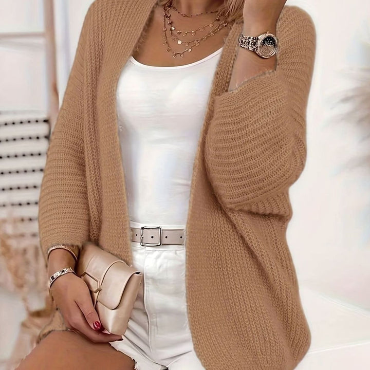 camel brown open-front knit cardigan sweater with wide relaxed sleeves
