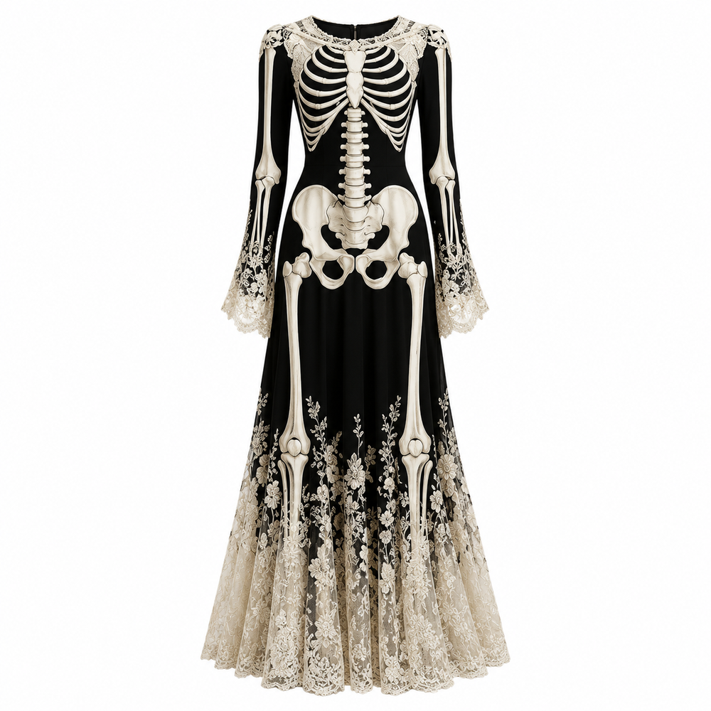 Long-sleeve skeleton bone print gown with floral lace hem detail