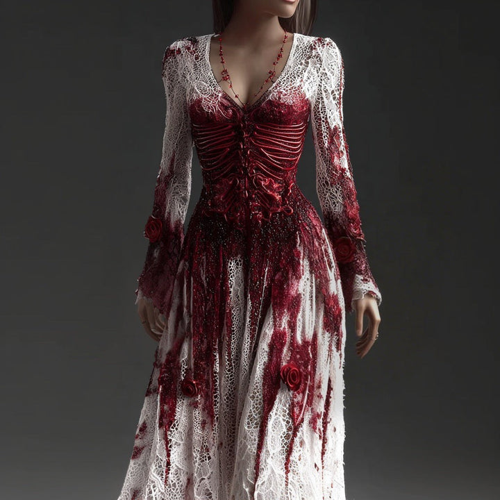 White lace skeleton dress with red rose accents, gothic bridal style
