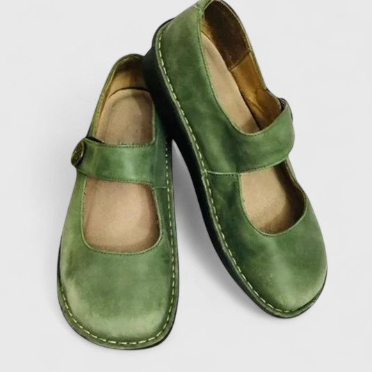 Green leather Mary Jane orthopedic shoes with adjustable button strap