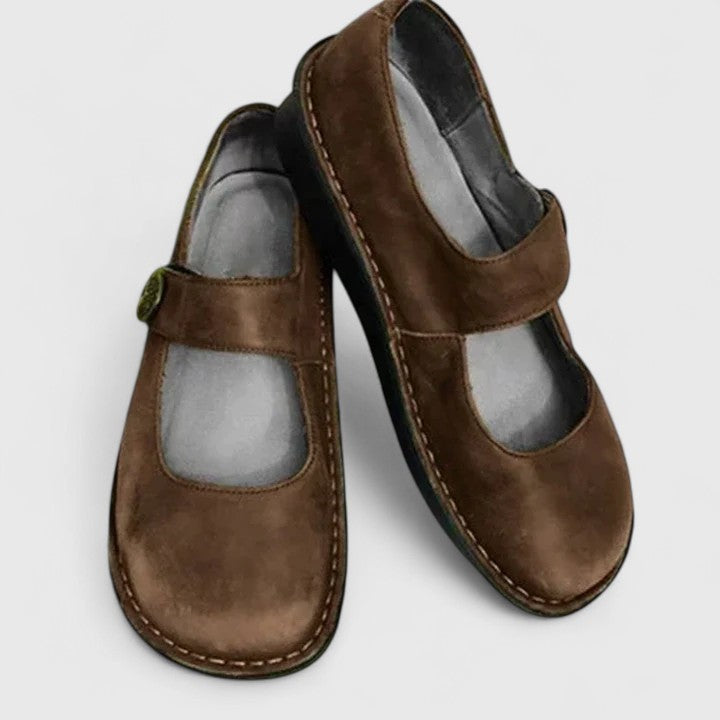 Brown suede Mary Jane orthopedic shoes with stitched leather sole