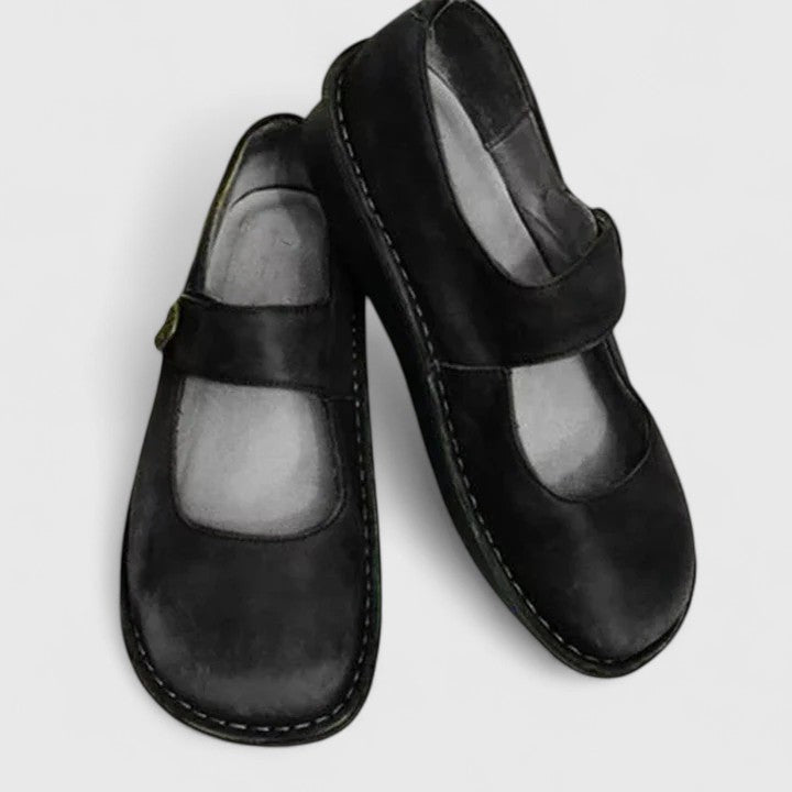 Black suede Mary Jane orthopedic shoes with contrast stitching detail