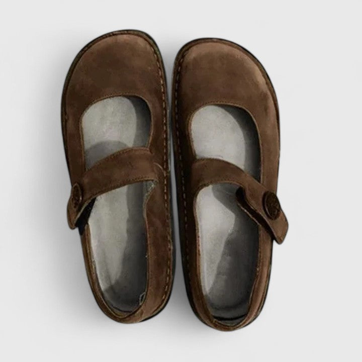 Top view of brown suede Mary Jane orthopedic shoes with round buckle