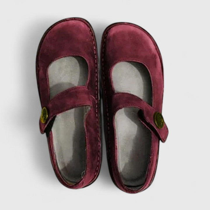 Top view of burgundy suede Mary Jane orthopedic shoes with button closure