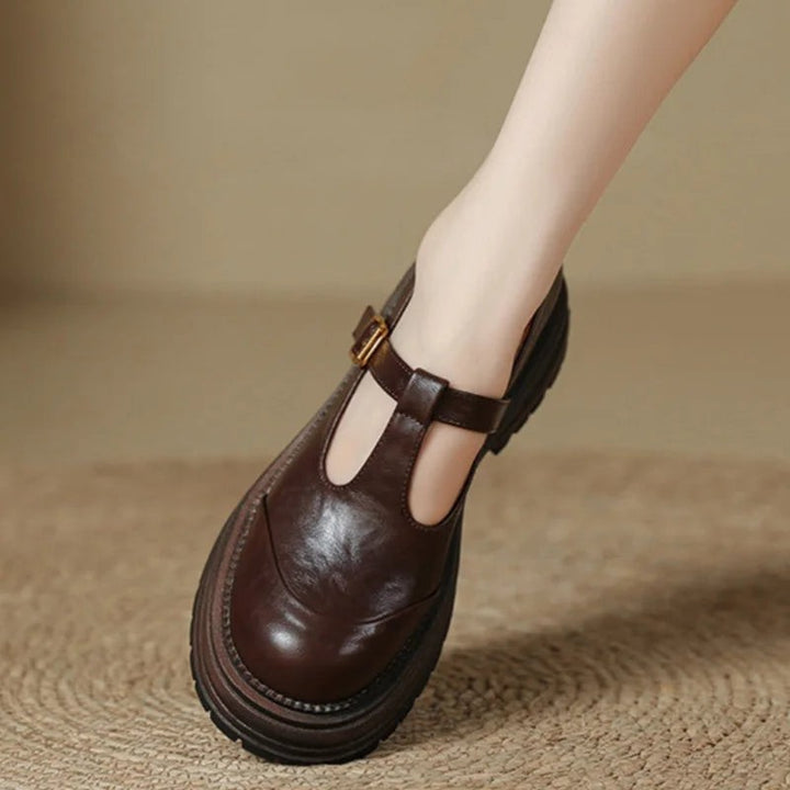 Brown leather T-strap Mary Jane shoe with gold buckle and platform sole
