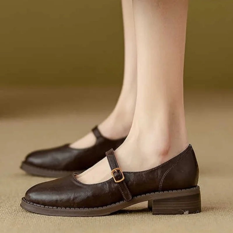 Brown leather Mary Jane shoes with block heel and stitched sole, side view