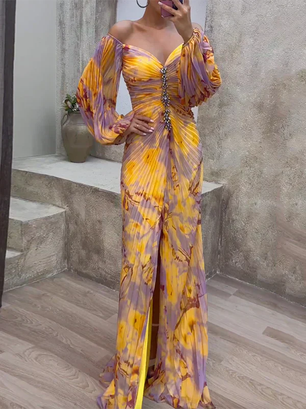 Off-shoulder maxi dress in yellow and purple tie-dye print with bishop sleeves