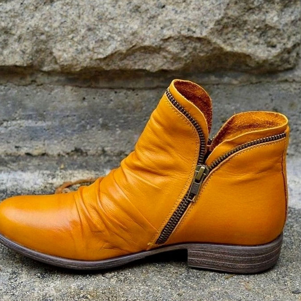 mustard yellow leather ankle boot with ruched shaft and side zipper