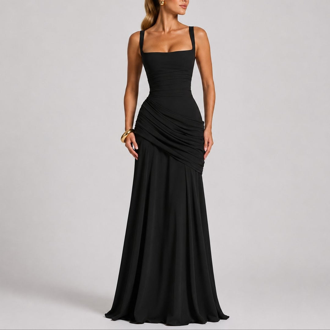 black ruched square-neck maxi gown with fitted bodice and flowing skirt