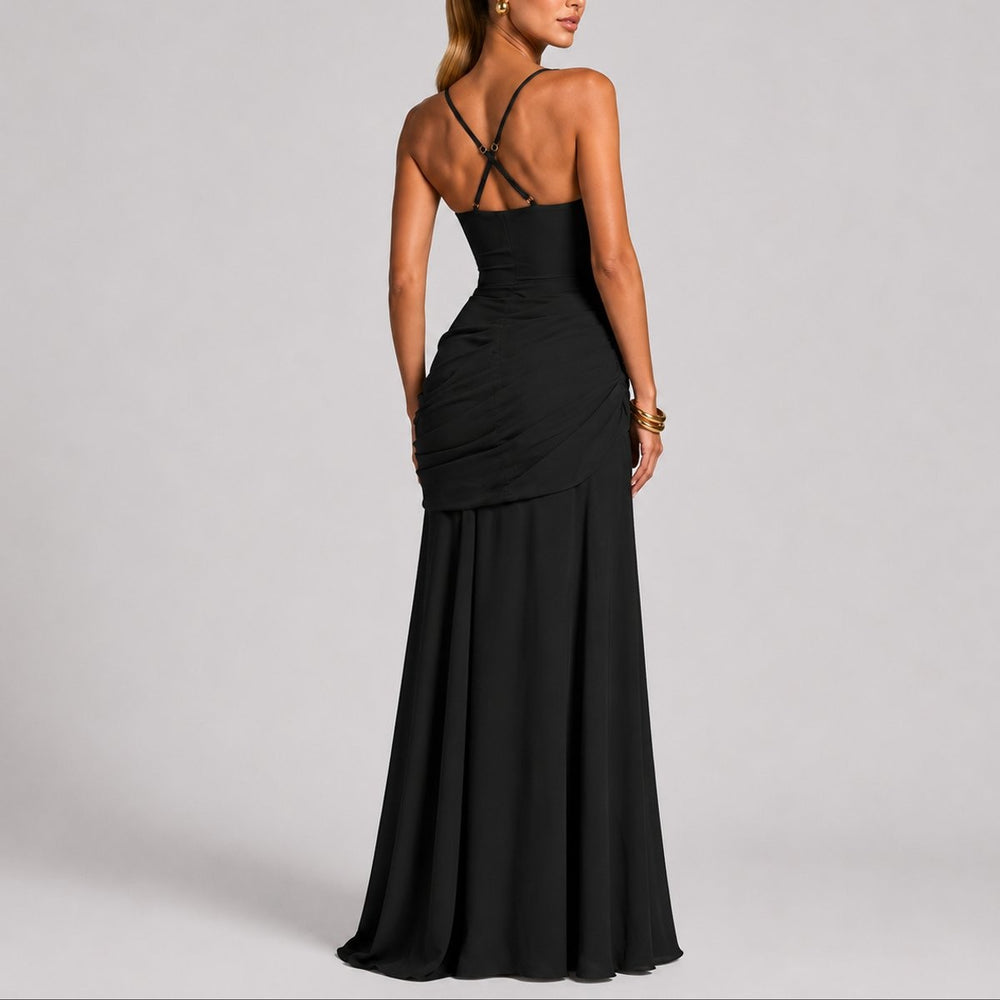 back view of black square-neck maxi gown with crisscross straps