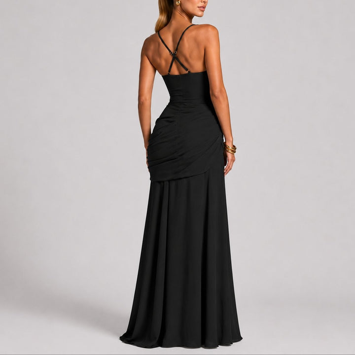 back view of black square-neck maxi gown with crisscross straps