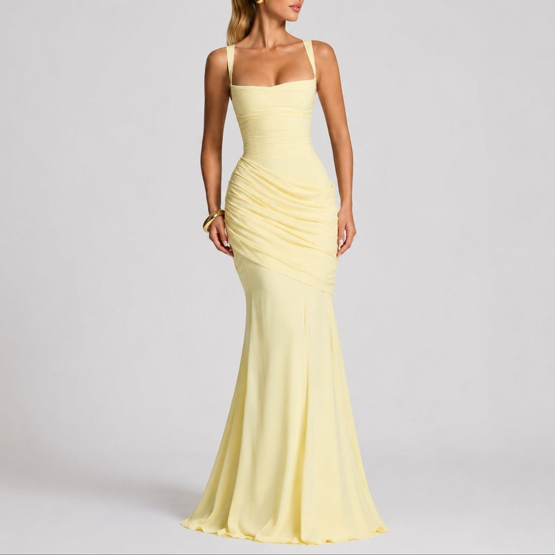 pale yellow ruched square-neck maxi gown with mermaid-style skirt