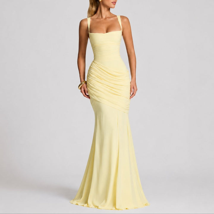 pale yellow ruched square-neck maxi gown with mermaid-style skirt