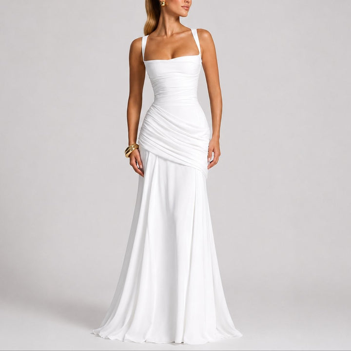 white ruched square-neck maxi gown with fitted waist and flared hem