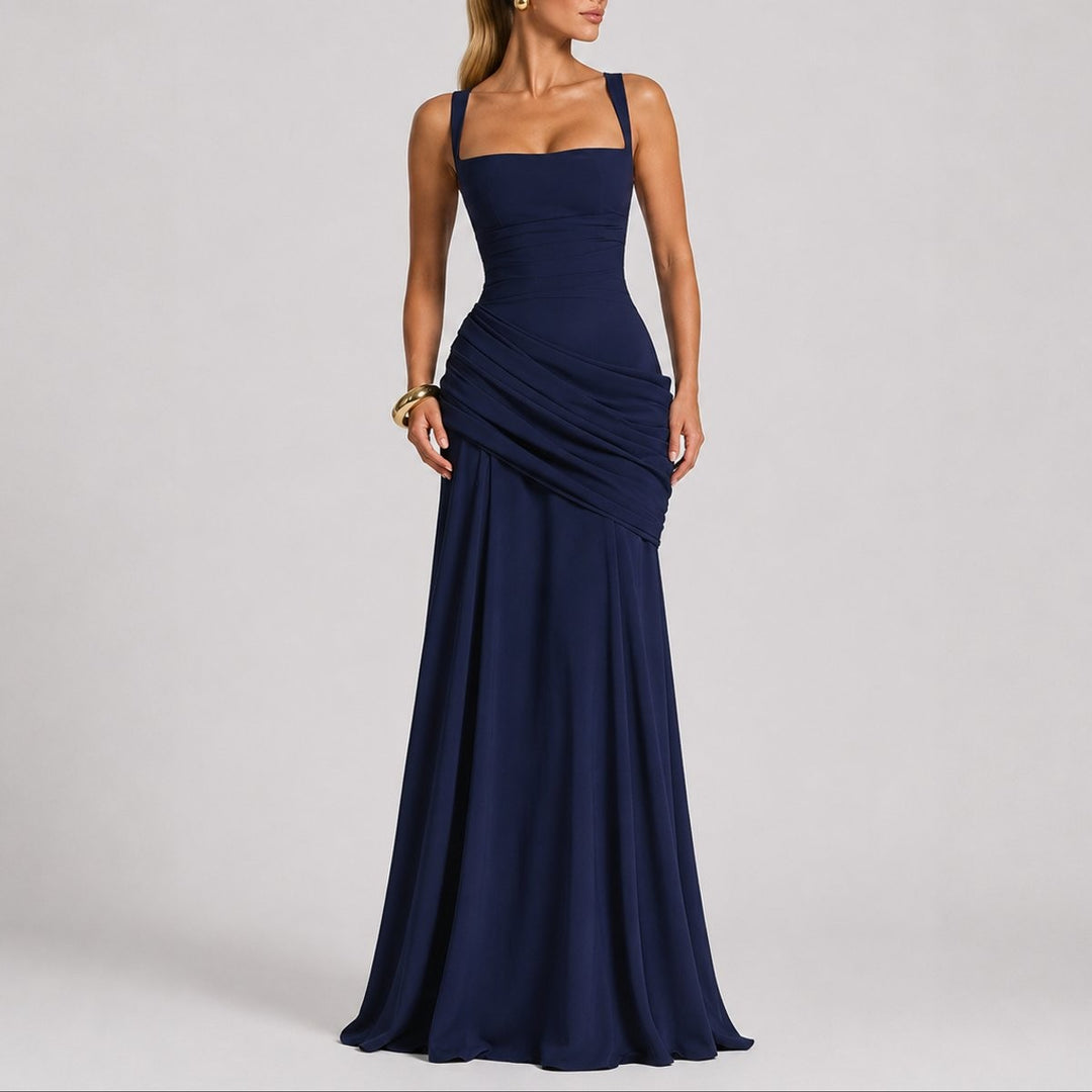 navy blue ruched square-neck maxi gown with sweetheart neckline