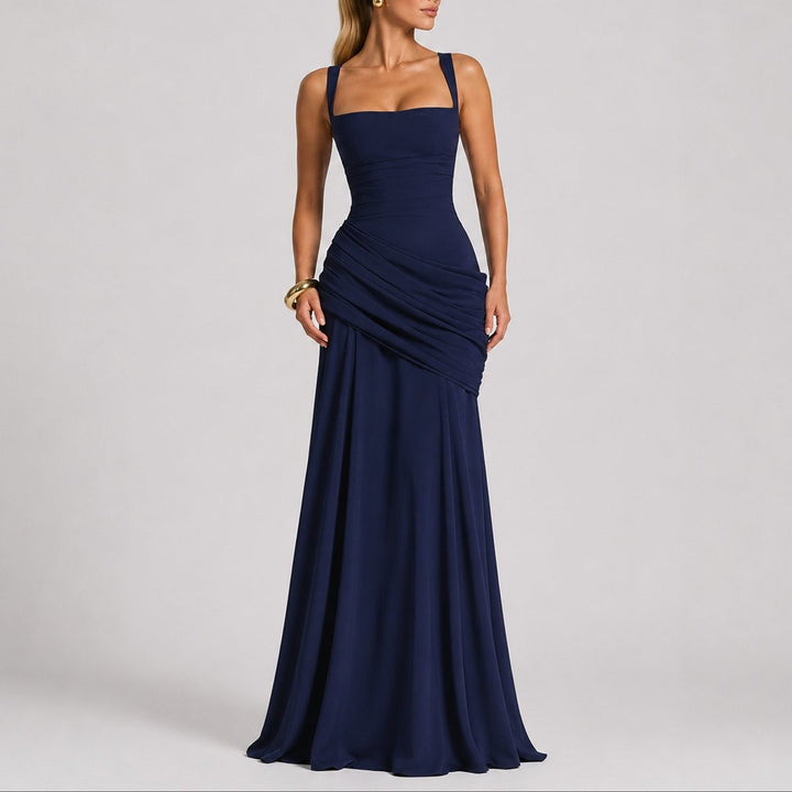 navy blue ruched square-neck maxi gown with sweetheart neckline