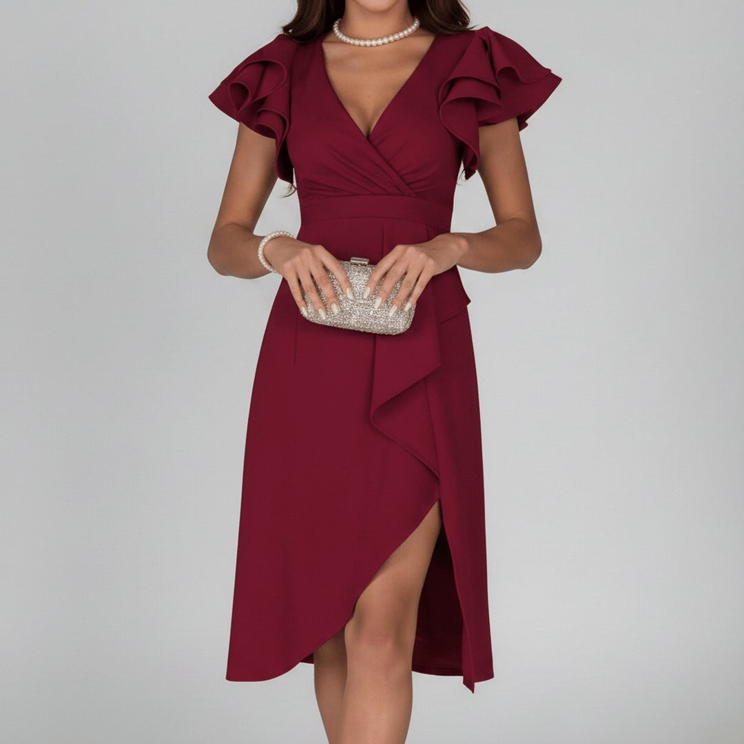 Burgundy ruffle sleeve wrap dress featuring V-neckline and tulip hem skirt