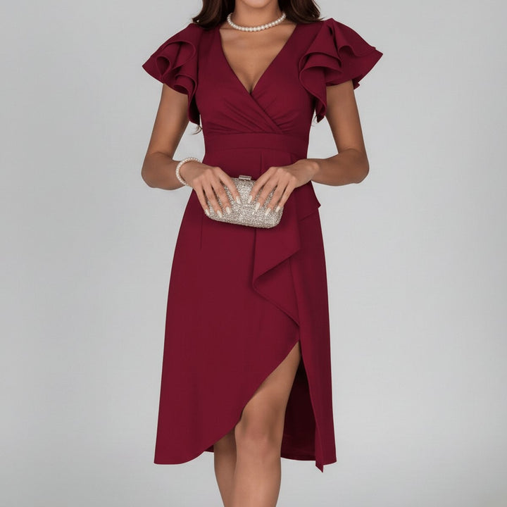 Burgundy ruffle sleeve wrap dress featuring V-neckline and tulip hem skirt