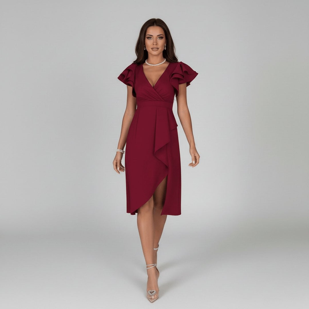 Burgundy asymmetric midi dress with ruffled shoulders and front slit detail