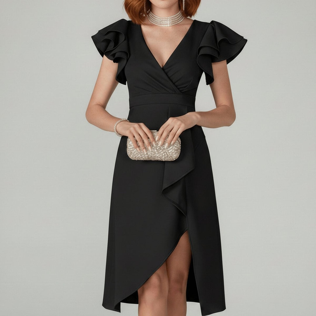 Black ruffle sleeve wrap dress with deep V-neck and tulip midi skirt